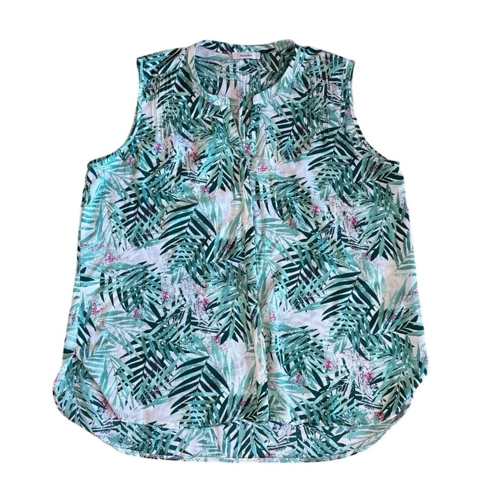 Mandee Sleeveless Blouse Women’s 1XL Tropical Leaf Print Green Resort Summer Top